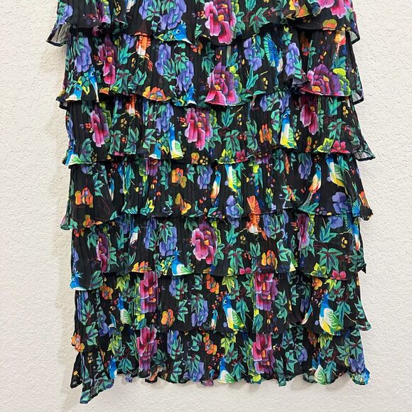 NWOT TARA JARMON Chiffon Pleated Tiered Dress in Multi Floral & Bird Print - Picture 7 of 15